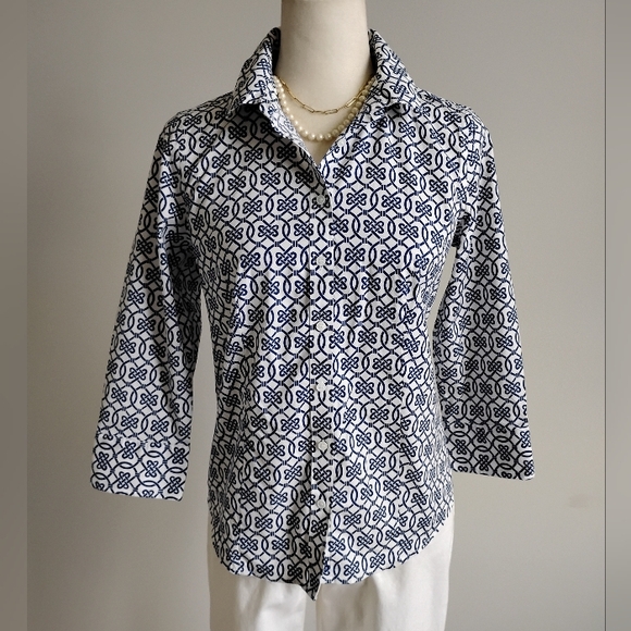 Talbots Petite Non Iron Cotton Stretch Popover Top Navy White Coastal Size 8P - Picture 5 of 16